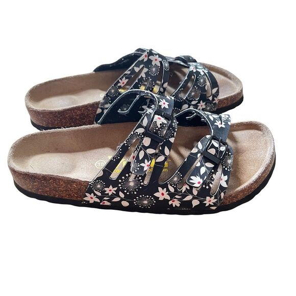 Viking Black White Floral Buckle Cut Out "Brama" Cork Birkenstock Style Sandal‎ - Picture 3 of 10